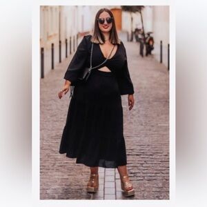 Black Long Sleeves Cutout A-line Midi Dress meet curve dress NWT